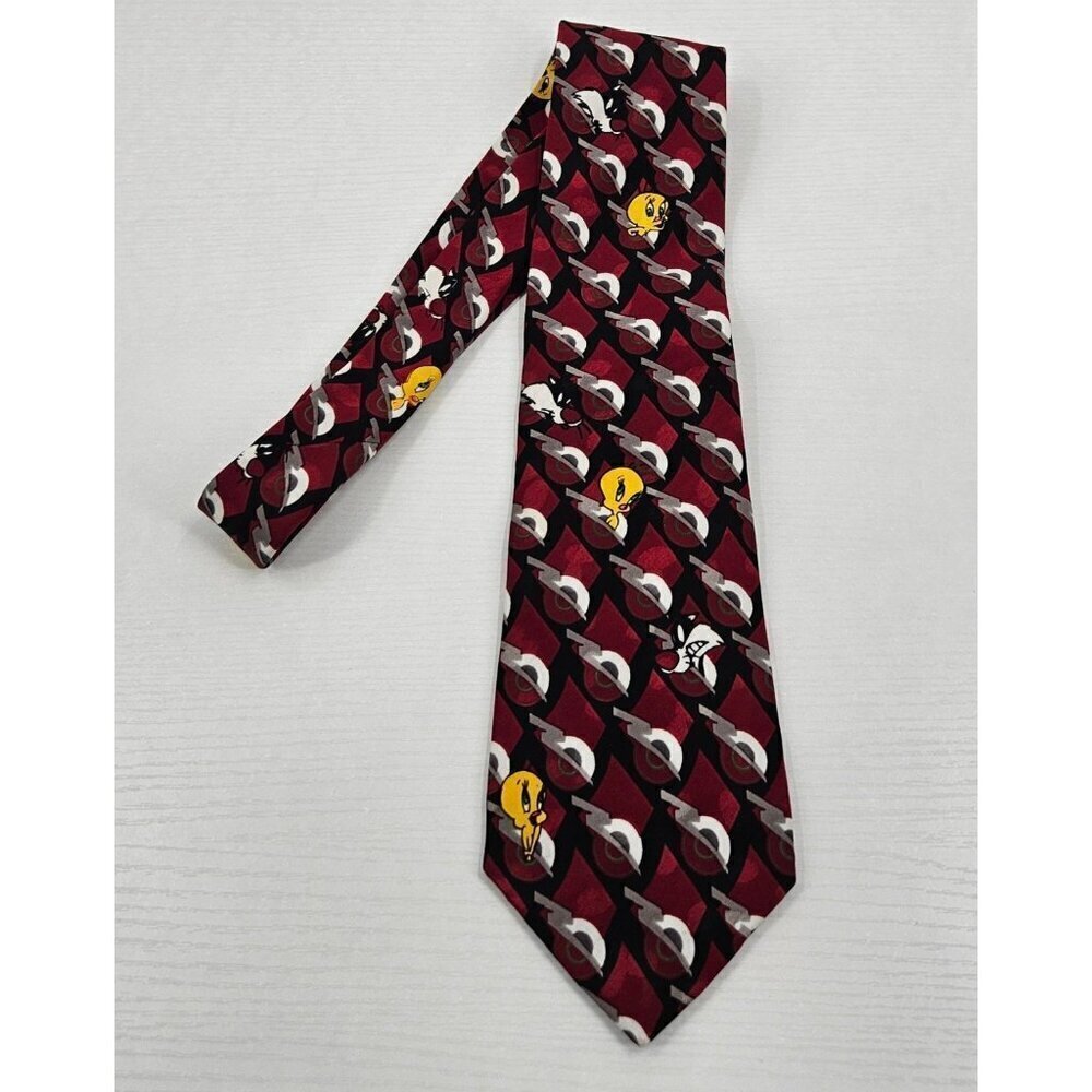 Looney Tunes Mania Neck Tie Vtg Tweety Bird Sylvester Cat 1995 Red Black